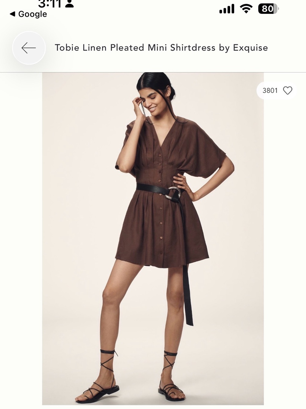 Anthropologie Brown Linen Pleated Mini Shirtdress